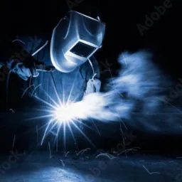 Osoba w masce ochronnej podczas pracy ze spawarką; widoczne iskry i dym w ciemnym otoczeniu.