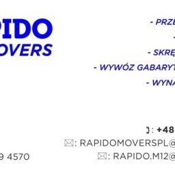 Rapido - Wizytówka firmy Rapido Movers z niebieskim logo i listą usług: przeprowadzki, transport, skręcanie mebli, wywóz gabarytów i złomu, wynajem busów oraz danymi kontaktowymi: numer telefonu, adresy...