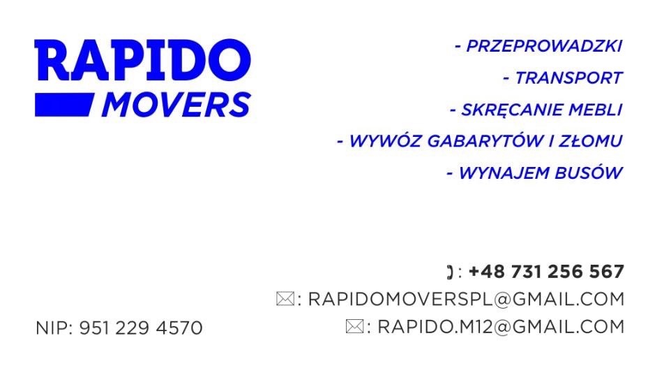Wizytówka firmy Rapido Movers oferującej usługi transportowe,  z numerem telefonu, adresami e-mail, NIP oraz listą usług:  przeprowadzki, transport, skręcanie mebli, wywóz gabarytów i złomu...
