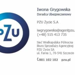 Wizytówka doradcy ubezpieczeniowego Iwony Grygowskiej z logo PZU Życie S.A., zawierająca dane kontaktowe i adres biura w Szczecinie.
