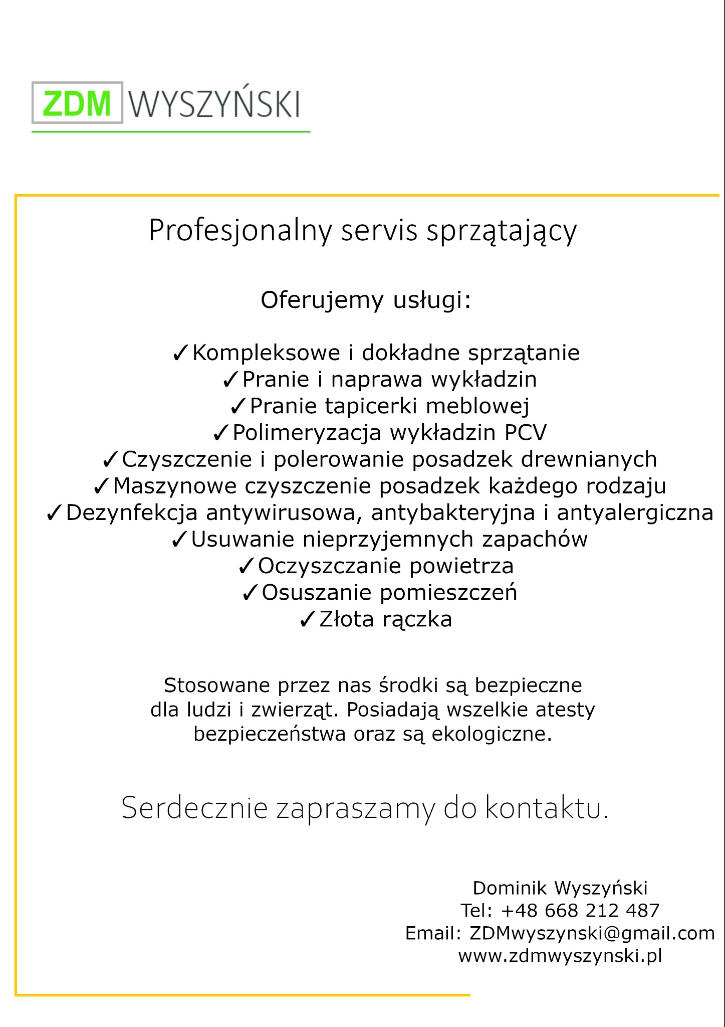 Folder reklamowy firmy sprzątającej ZDM Wyszyński, oferującej kompleksowe sprzątanie, pranie wykładzin i tapicerki, czyszczenie posadzek, dezynfekcję, usuwanie zapachów, oczyszczanie powietrza...