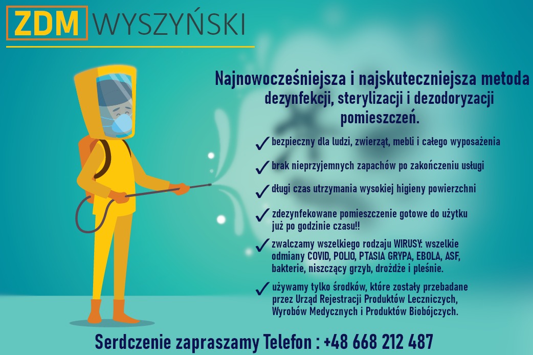 Grafika reklamowa firmy ZDM Wyszyński oferującej dezynfekcję, sterylizację i dezodoryzację pomieszczeń, prezentująca postać w kombinezonie ochronnym rozpylającą środek dezynfekujący,...
