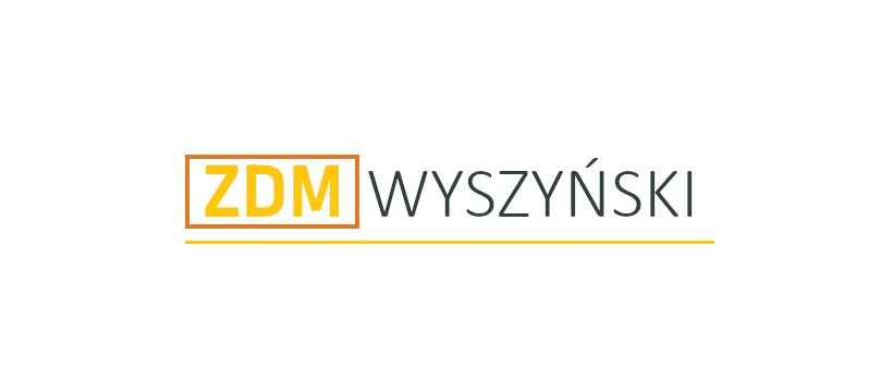 Logo firmy ZDM Wyszyński z żółtym kwadratem i linią pod nazwą, na białym tle.