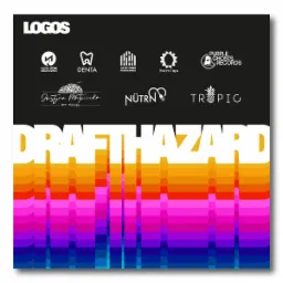 Kolekcja różnorodnych, minimalistycznych logotypów na czarnym tle, z nazwą 'LOGOS' w górnym lewym rogu i napisem 'DRAFTHAZARD' w dolnej części, przysłoniętym kolorowymi pasami.