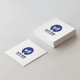 Stos wizytówek firmy Alto Dom Nieruchomości z niebieskim logo na białym tle, jedna wizytówka leży obok stosu.