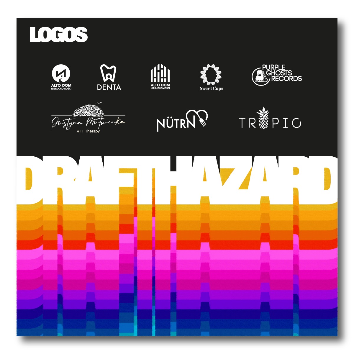 Kolekcja różnorodnych, minimalistycznych logotypów na czarnym tle, z nazwą 'LOGOS' w górnym lewym rogu i napisem 'DRAFTHAZARD' w dolnej części, przysłoniętym kolorowymi pasami.