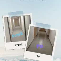 Dwa zdjęcia polaroidowe, przyklejone taśmą, przedstawiające korytarz w budynku: jedno 'Przed' z widocznymi zabrudzeniami, drugie 'Po' z czystą podłogą i ścianami, sugerujące wykonane sprzątanie.