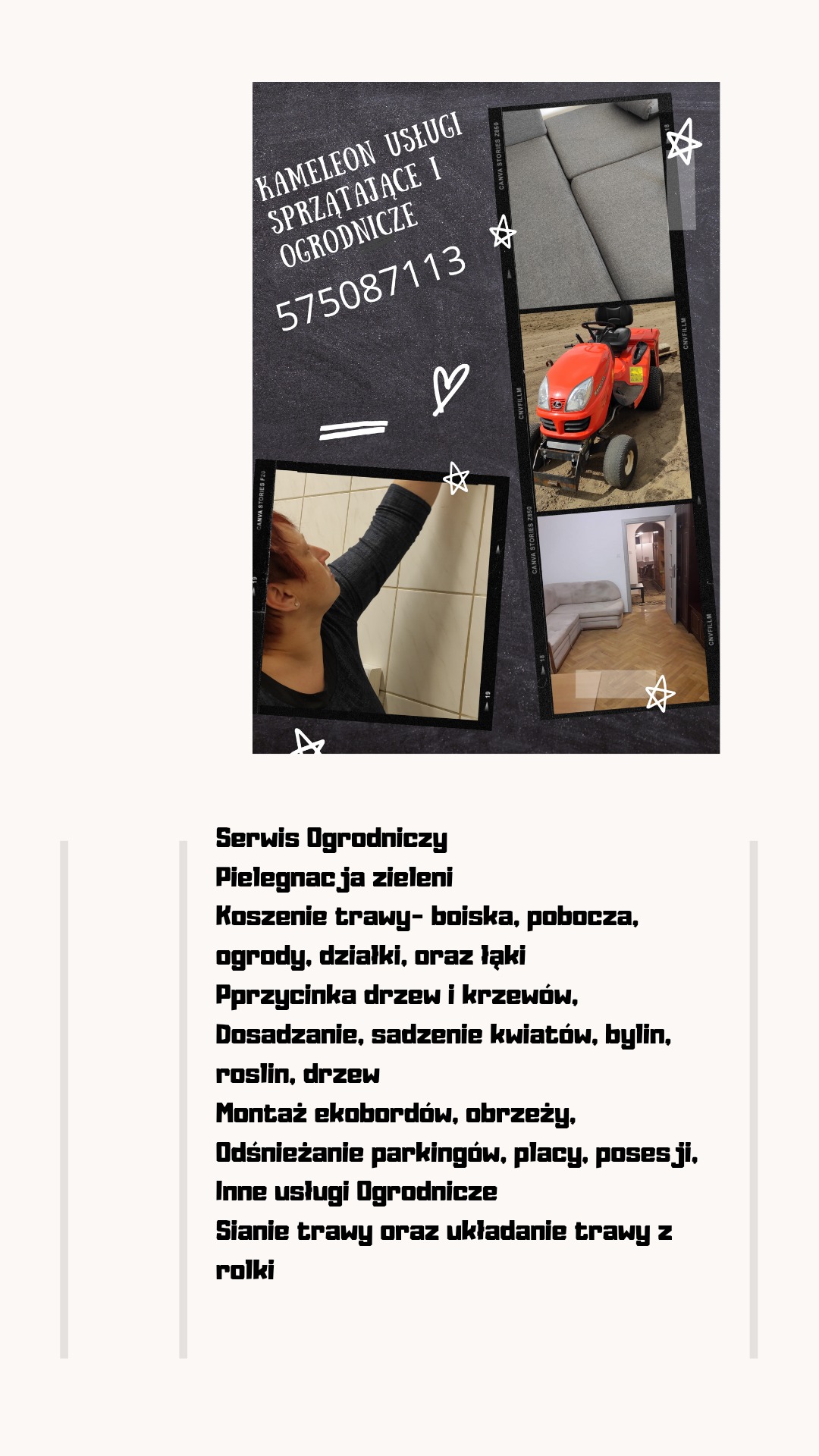 Zdjęcie w stylu polaroid przedstawiające kolaż usług: fragment wyczyszczonej białej glazury, czerwona kosiarka samojezdna na trawniku, fragment szarej kanapy narożnej i widok na salon z parkietem.