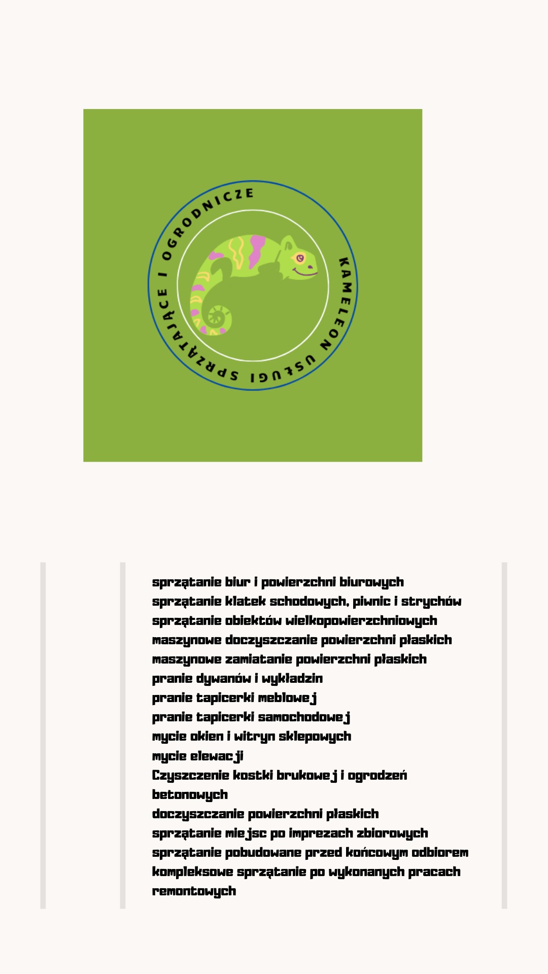 Logo firmy sprzątającej i ogrodniczej z wizerunkiem stylizowanego zielonego kameleona w niebieskim okręgu na jasnym tle.