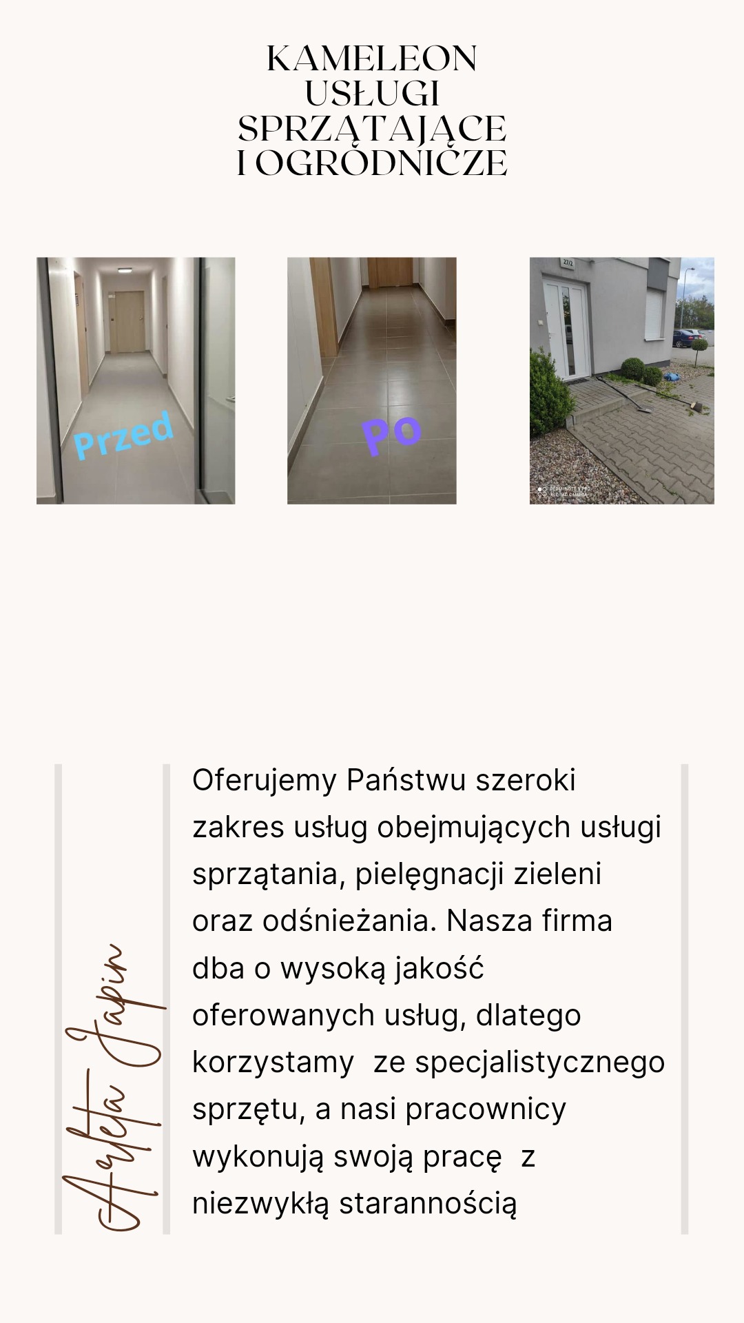 Kompozycja trzech zdjęć: korytarz przed sprzątaniem, ten sam korytarz po sprzątaniu z błyszczącą podłogą, oraz posesja z przyciętymi krzewami, prezentowane jako oferta usług sprzątających...
