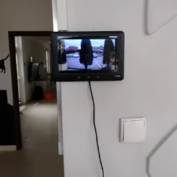 Czarny wideodomofon marki Eura zamontowany na białej ścianie obok włącznika światła; na ekranie widok z kamery na ulicę z drzewami i zaparkowanymi samochodami.