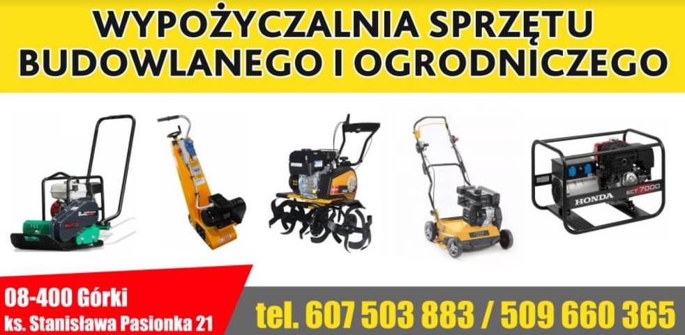 Ekspozycja sprzętu budowlanego i ogrodniczego na sprzedaż lub wynajem: zagęszczarka, przecinarka do betonu, glebogryzarka, kosiarka spalinowa, agregat prądotwórczy Honda SCT 7000