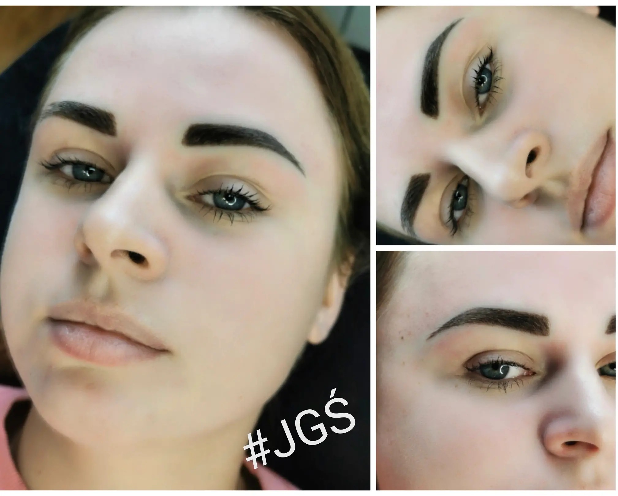 Zbliżenie na twarz młodej kobiety z widocznymi, świeżo wystylizowanymi brwiami. Na kolażu trzy ujęcia: centralne, z góry i z boku, uwydatniające precyzyjny kształt i kolor brwi.