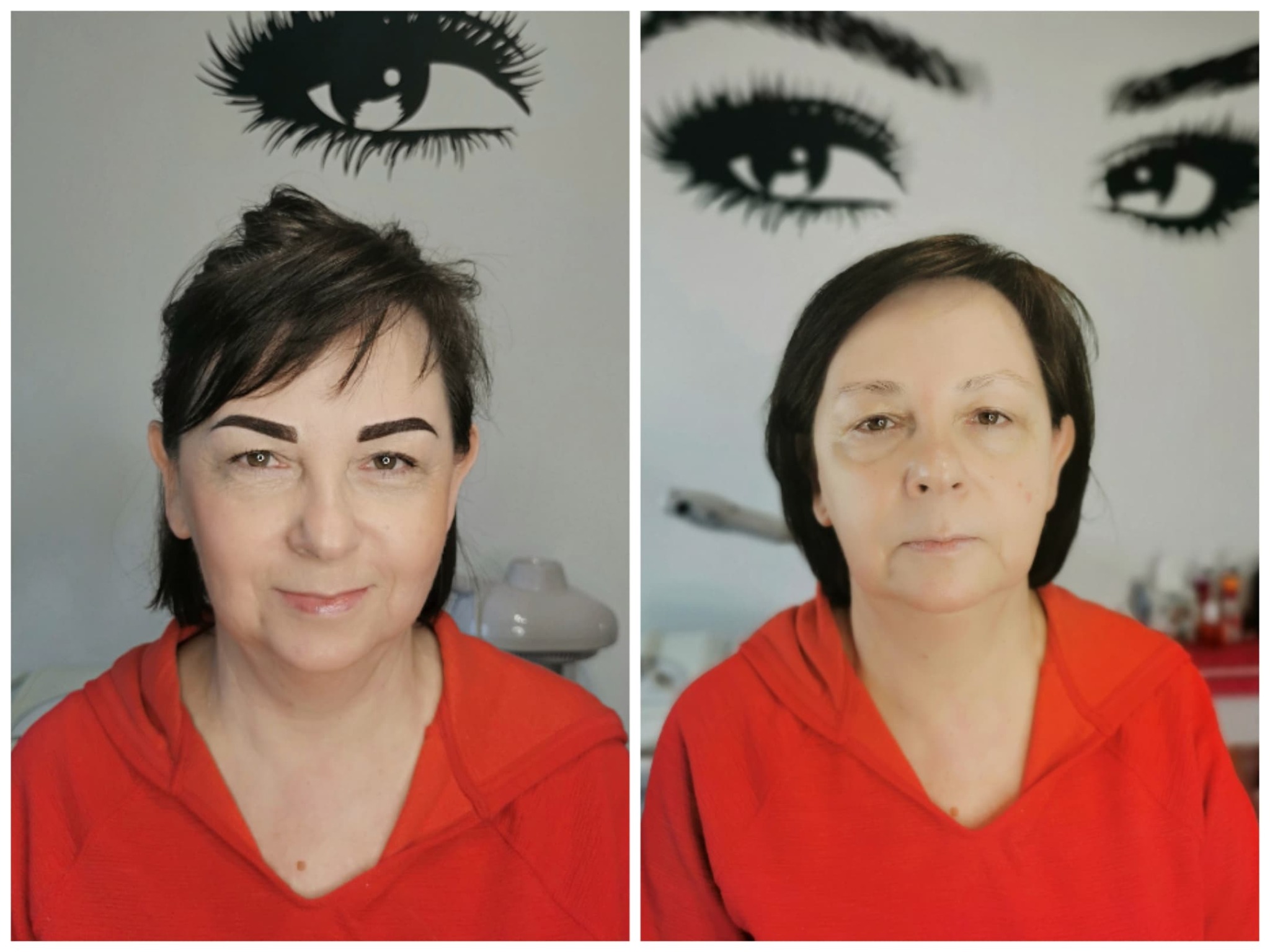 Kobieta przed i po zabiegu pigmentacji brwi; widoczne różnice w kształcie i intensywności koloru brwi, na ścianie dekoracja w kształcie oka.