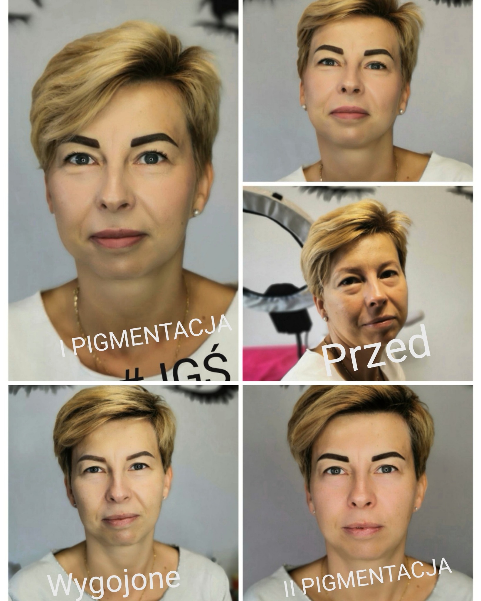 Kolaż przedstawiający metamorfozę brwi: zdjęcia przed pigmentacją, po pigmentacji i po wygojeniu, ukazujące subtelną zmianę kształtu i koloru brwi u kobiety z krótkimi blond włosami.