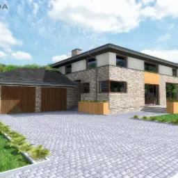 Wizualizacja domu jednorodzinnego z garażem, elewacja z kamienia naturalnego i elementami drewnianymi, dwuspadowy dach, kostka brukowa na podjeździe, zieleń w tle.