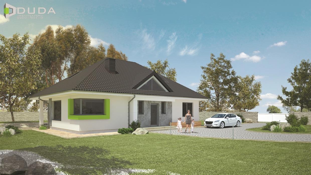 Wizualizacja parterowego domu jednorodzinnego z ciemnym dachem, jasną elewacją, oknem z zieloną ramą i podjazdem z kostki, na którym stoi biały samochód i przechadza się kobieta z dwójką dzieci.