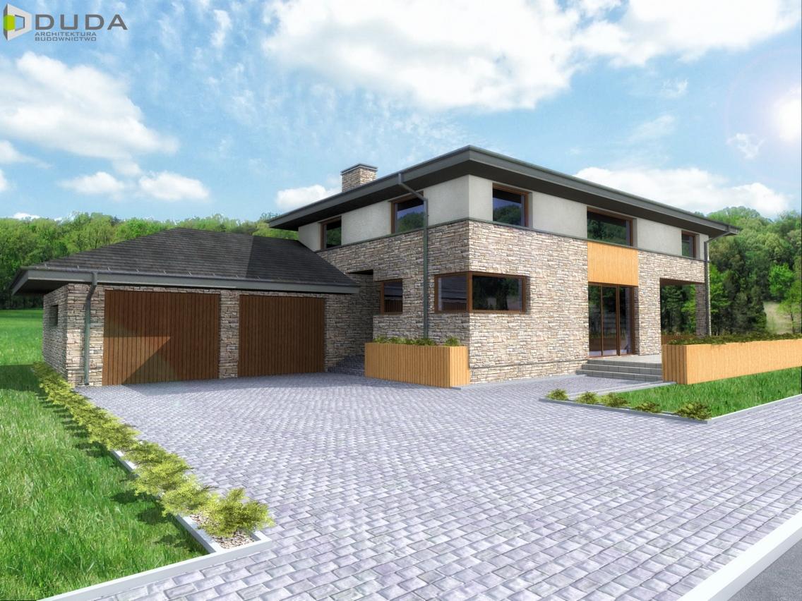 Wizualizacja domu jednorodzinnego z garażem, elewacja z kamienia naturalnego i elementami drewnianymi, dwuspadowy dach, kostka brukowa na podjeździe, zieleń w tle.