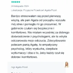 Zrzut ekranu opinii pacjentki Bernadety o wizycie u mgr Agaty Pizoń, empatycznego specjalisty, z platformy ZnanyLekarz.pl, podkreślający komfort i zrozumienie uzyskane podczas konsultacji.