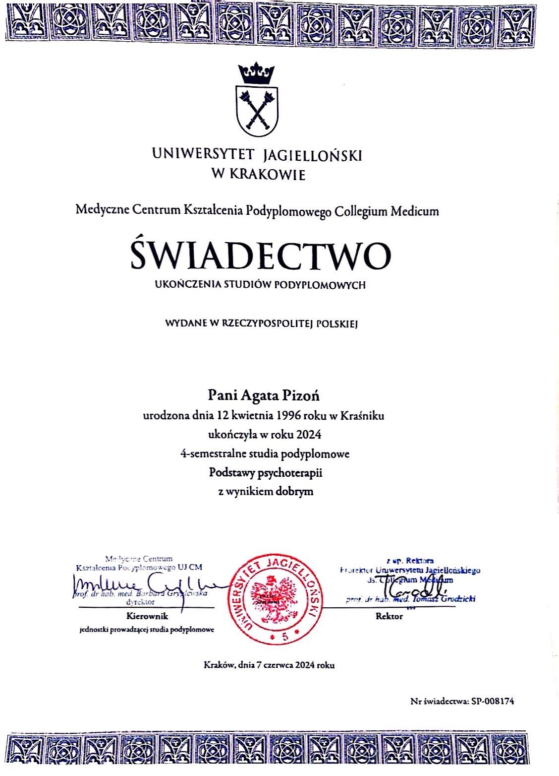 Skan świadectwa ukończenia studiów podyplomowych z podstaw psychoterapii wydanego przez Uniwersytet Jagielloński w Krakowie dla Agaty Pizoń, z datą 7 czerwca 2024 roku.