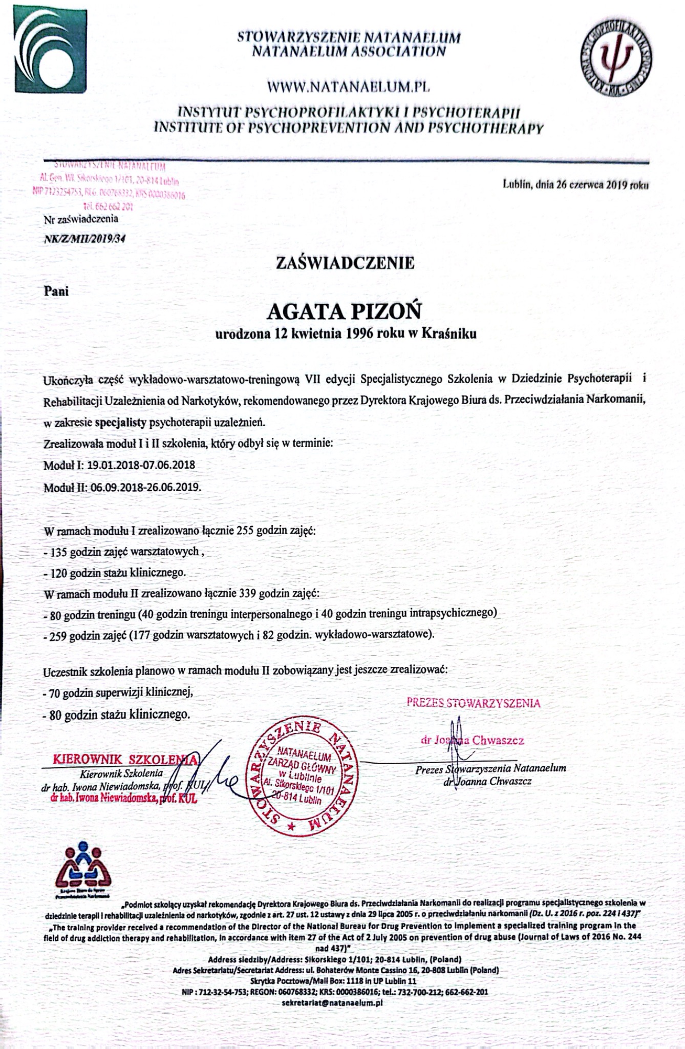 Skan zaświadczenia ukończenia szkolenia w dziedzinie psychoterapii i rehabilitacji uzależnień, wydanego przez Stowarzyszenie Natanaelum, z pieczęciami i podpisami.