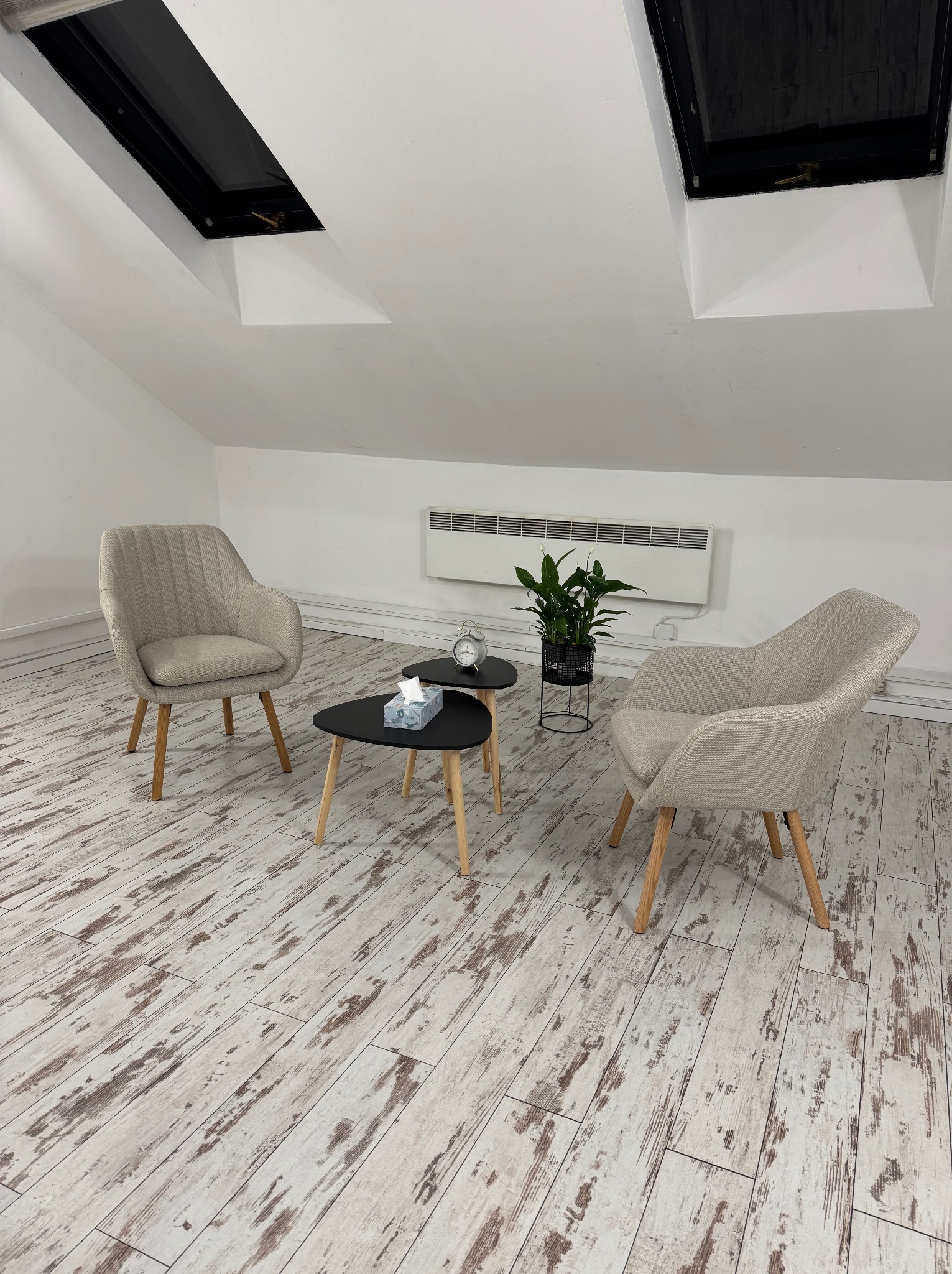 Jasne, minimalistyczne wnętrze gabinetu z dwoma fotelami, stolikiem z chusteczkami i zegarem, oraz rośliną w czarnej doniczce, doświetlone przez okna dachowe.