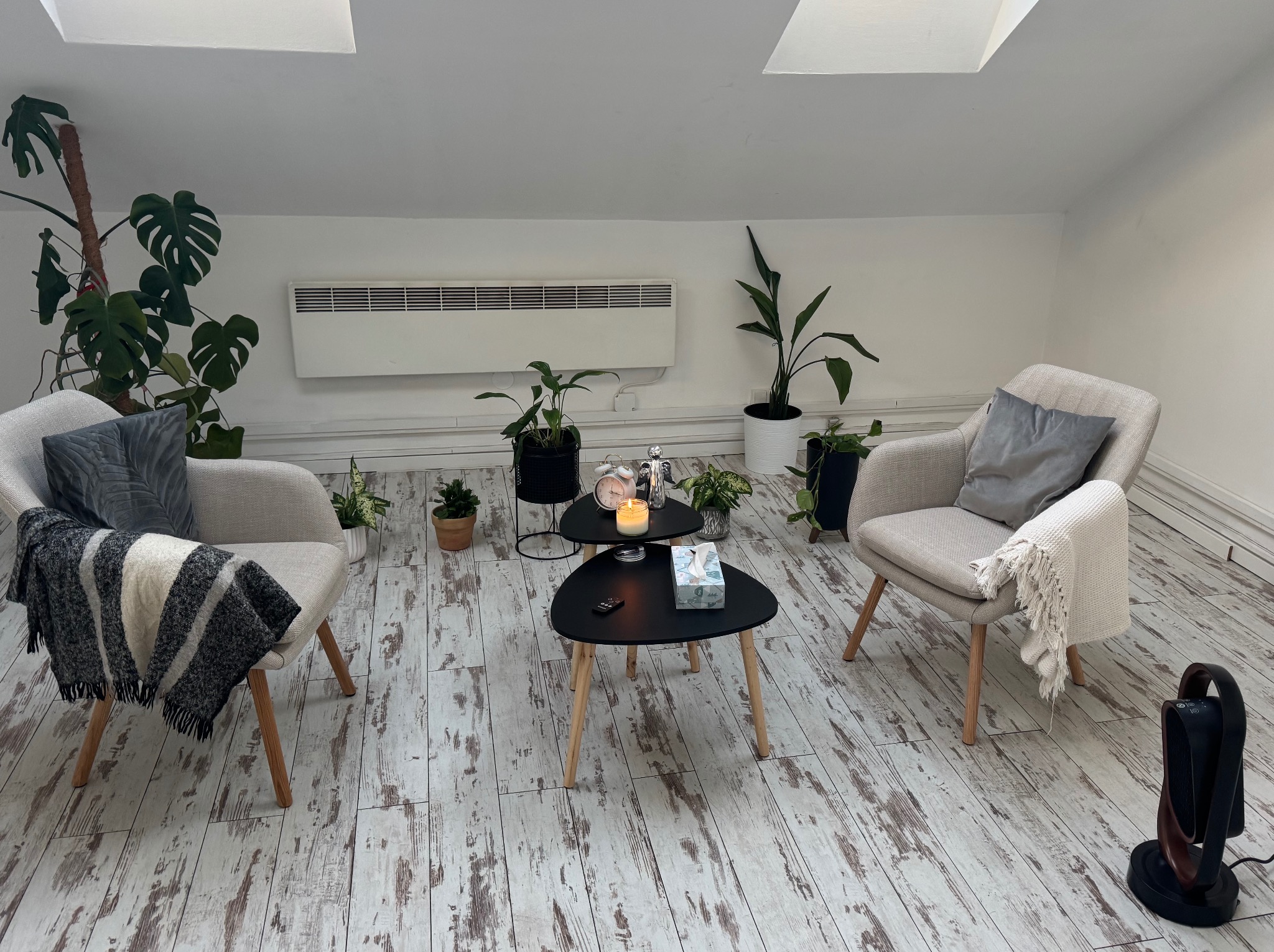 Jasne, minimalistyczne wnętrze gabinetu z dwoma fotelami, stolikami kawowymi, roślinami doniczkowymi i drewnianą podłogą. Na stoliku świeca i pudełko chusteczek.