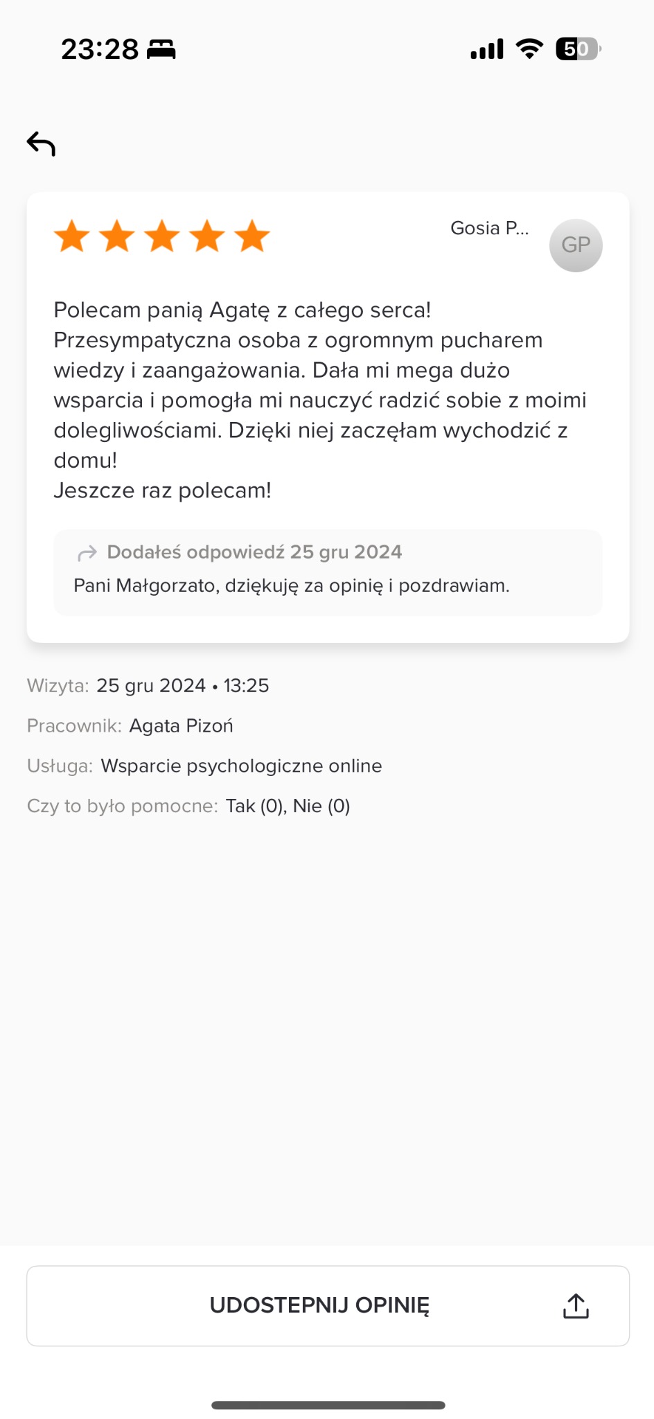 Opinia klientki z Krakowa, Gosia P., z oceną pięciogwiazdkową, polecająca panią Agatę za wsparcie psychologiczne online, z datą wizyty 25 grudnia 2024.