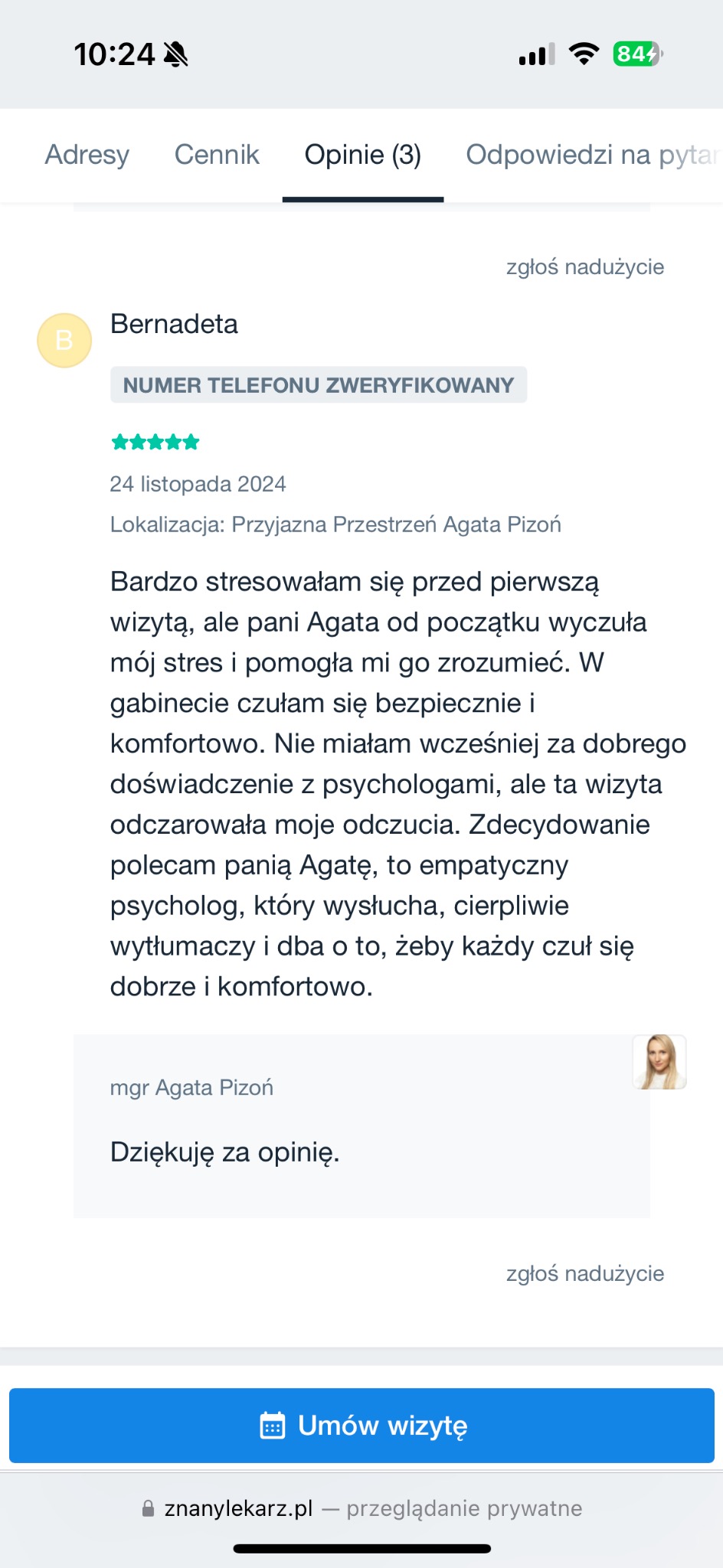 Zrzut ekranu opinii pacjentki Bernadety o wizycie u mgr Agaty Pizoń, empatycznego specjalisty, z platformy ZnanyLekarz.pl, podkreślający komfort i zrozumienie uzyskane podczas konsultacji.
