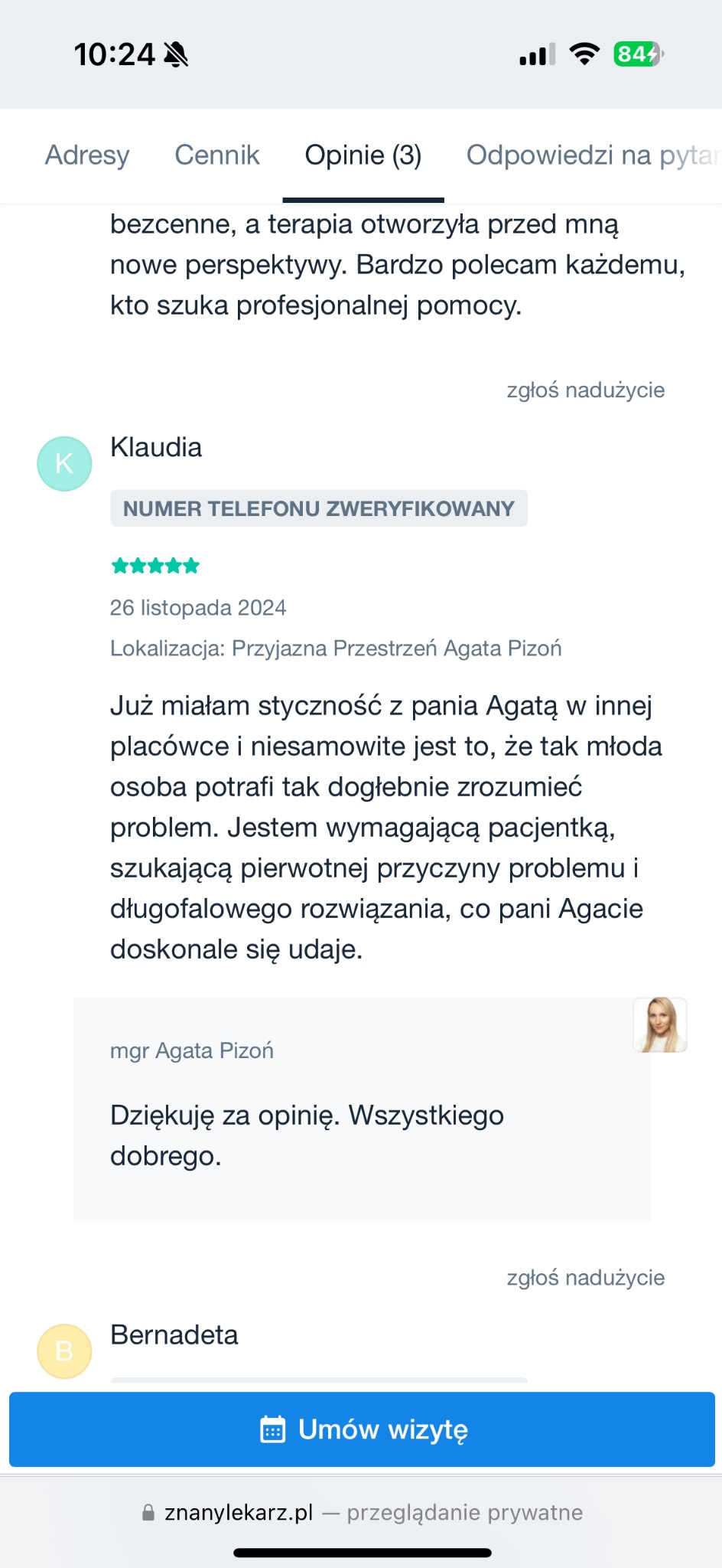 Zrzut ekranu z pozytywnymi opiniami o specjaliście w serwisie ZnanyLekarz.pl, z oceną pięciogwiazdkową i pochwałami za profesjonalizm i dogłębne zrozumienie problemu pacjenta.