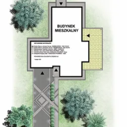 Plan zagospodarowania terenu wokół budynku mieszkalnego z uwzględnieniem ścieżek z kostki, roślinności i oświetlenia, widok z góry.