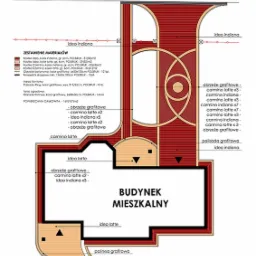 Plan zagospodarowania przestrzeni wokół budynku mieszkalnego z użyciem kostki brukowej w odcieniach grafitu, latte i indiana, z wyszczególnieniem rodzajów materiałów i ich ilości.