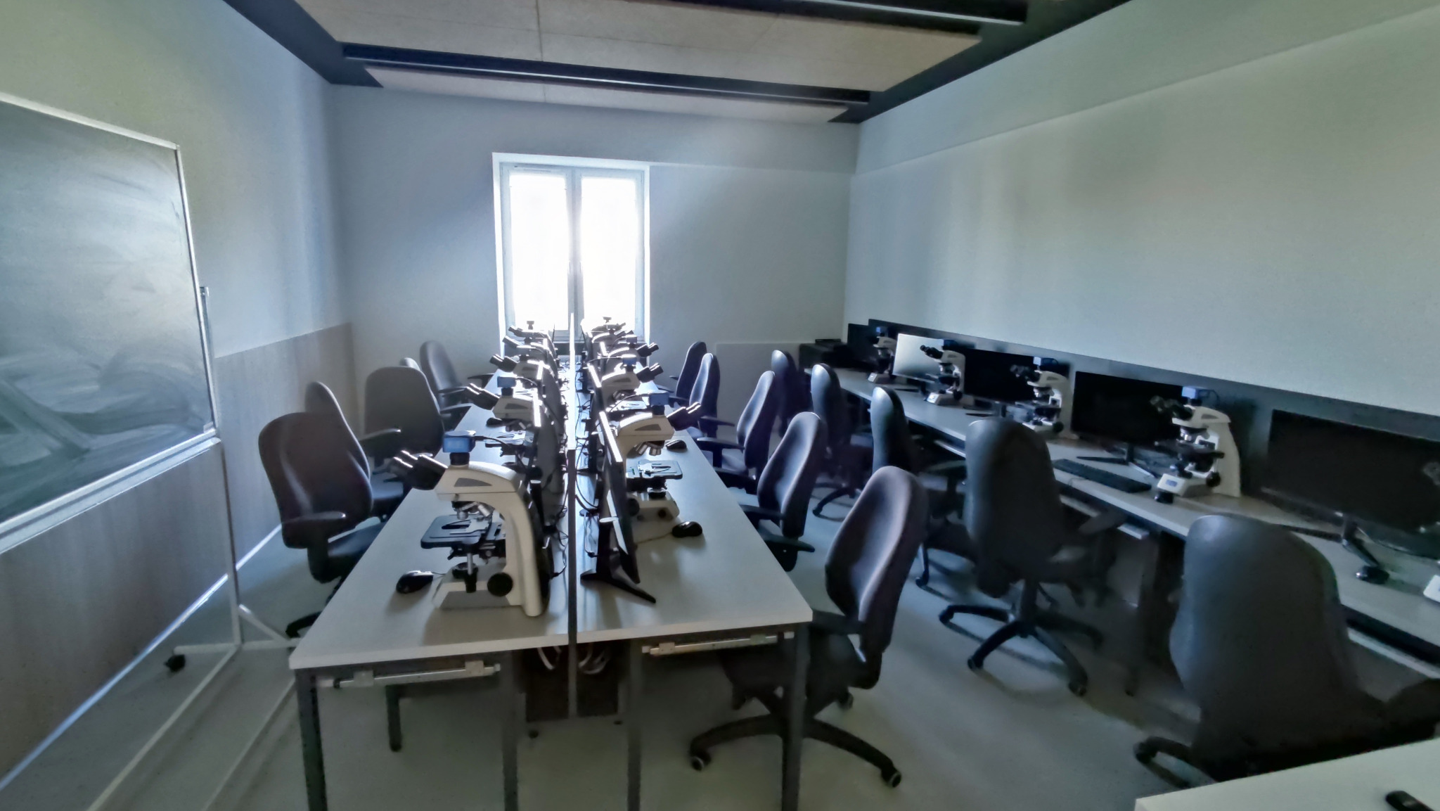 Sala laboratoryjna z rzędami stanowisk wyposażonych w mikroskopy i monitory komputerowe; tablica suchościeralna po lewej stronie.
