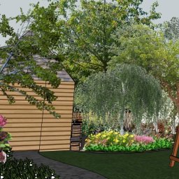 LEWERTE SPÓŁKA Z OGRANICZONĄ ODPOWIEDZIALNOŚCIĄ - Wizualizacja ogrodu z drewnianym domkiem, kwitnącymi rabatami i huśtawką. Projekt uwzględnia ścieżkę i różnorodne drzewa, tworząc przytulną przestrzeń.