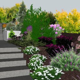 LEWERTE SPÓŁKA Z OGRANICZONĄ ODPOWIEDZIALNOŚCIĄ - Wizualizacja 3D ogrodu z kamiennymi schodami, rabatami kwiatowymi i drzewami w tle. Projekt ogrodu z różnorodną roślinnością i elementami architektury krajobrazu.