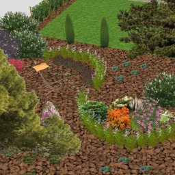 LEWERTE SPÓŁKA Z OGRANICZONĄ ODPOWIEDZIALNOŚCIĄ - Wizualizacja ogrodu z krzewami, drzewami i rabatami kwiatowymi na brązowej korze. W tle trawnik i ogrodzenie. Widoczny element dekoracyjny - mały wózek.