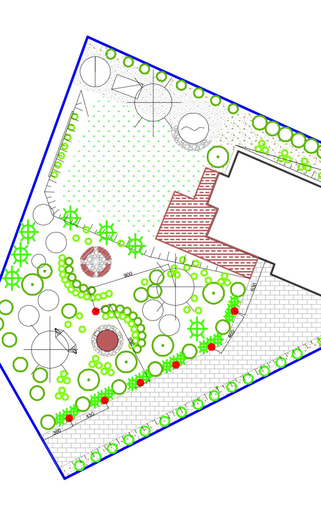 Plan ogrodu z naniesionymi wymiarami, zielenią, ścieżkami i elementami architektonicznymi. Rzut z góry, techniczny rysunek z detalami nasadzeń i układu przestrzennego.
