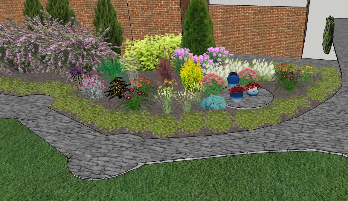 Wizualizacja ogrodu z różnorodnymi roślinami, krzewami i kwiatami, otoczona ścieżką z kostki. W tle widoczny mur z cegły. Kompozycja z donicami w centrum rabaty.