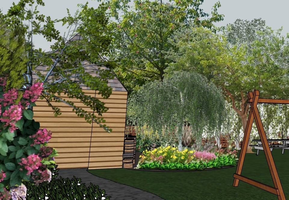 Wizualizacja ogrodu z drewnianym domkiem, kwitnącymi rabatami i huśtawką. Projekt uwzględnia ścieżkę i różnorodne drzewa, tworząc przytulną przestrzeń.