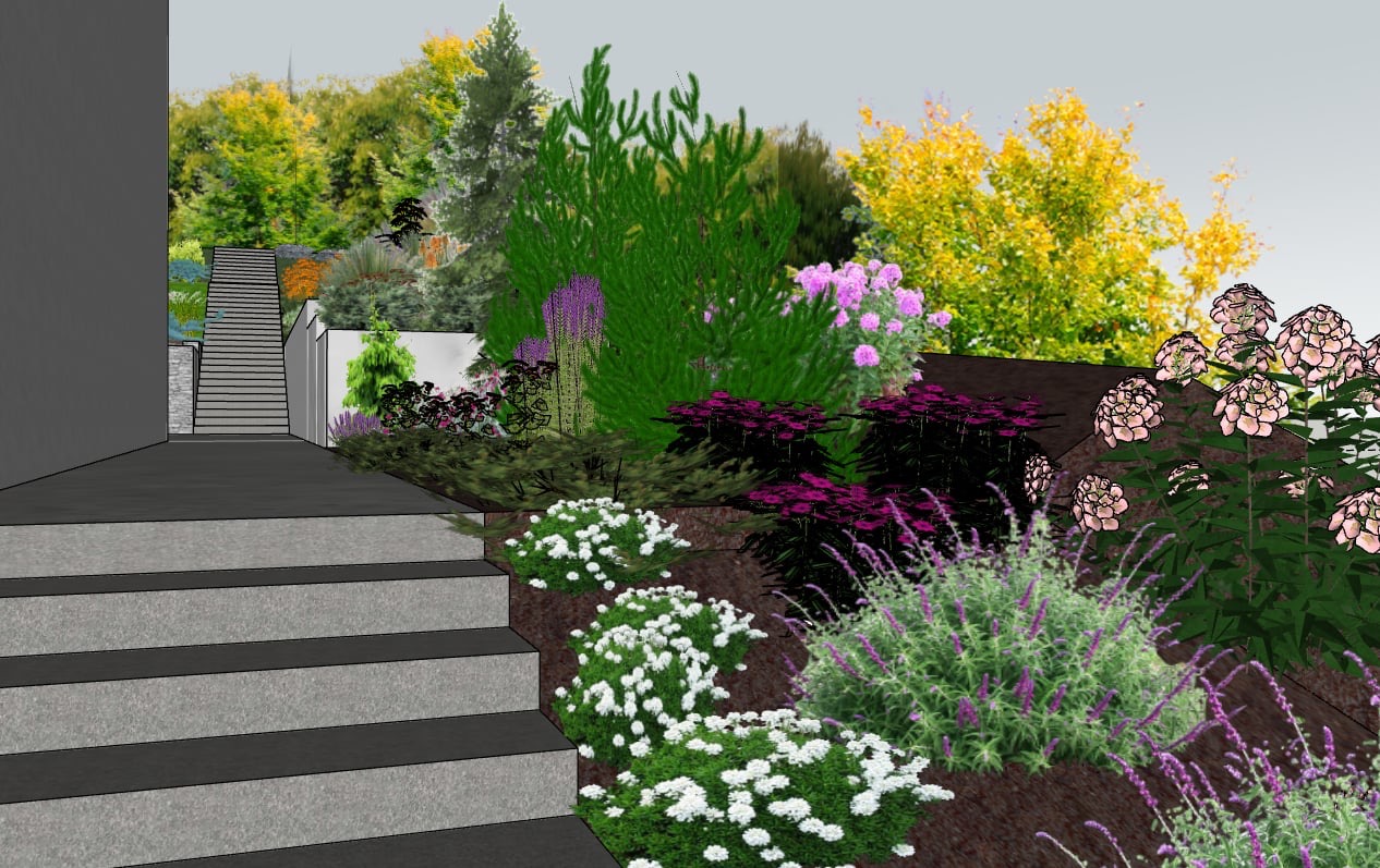 Wizualizacja 3D ogrodu z kamiennymi schodami, rabatami kwiatowymi i drzewami w tle. Projekt ogrodu z różnorodną roślinnością i elementami architektury krajobrazu.