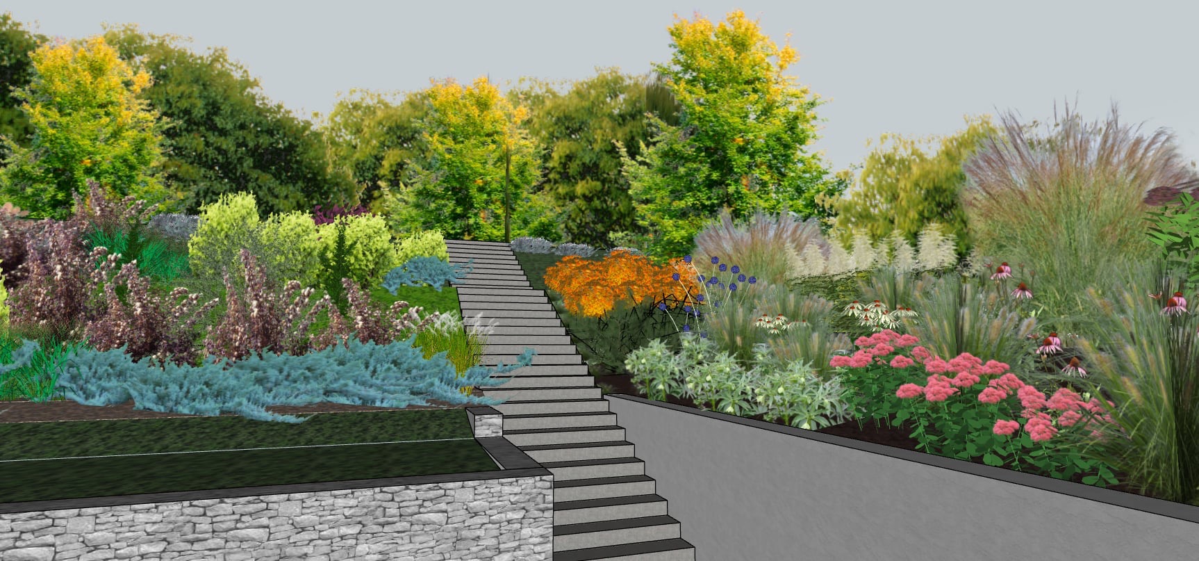 Wizualizacja ogrodu z kamiennymi schodami, różnorodną roślinnością, w tym krzewami, trawami ozdobnymi i kwiatami. Tło stanowią drzewa.