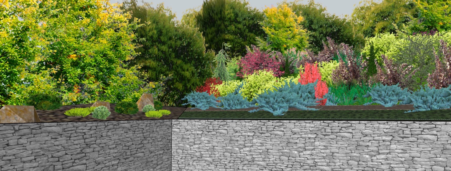 Wizualizacja ogrodu z kamiennym murem, różnorodną roślinnością: drzewa, krzewy iglaste i liściaste w odcieniach zieleni, czerwieni i żółci. Projekt ogrodu z elementami skalnymi.