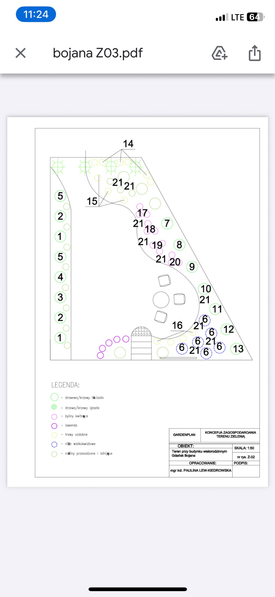 Plan zagospodarowania terenu zieleni z legendą, obejmujący drzewa, krzewy, byliny kwitnące, lawendę, trawy ozdobne i róże wielkokwiatowe. Gdańsk Bojana, skala 1:50.