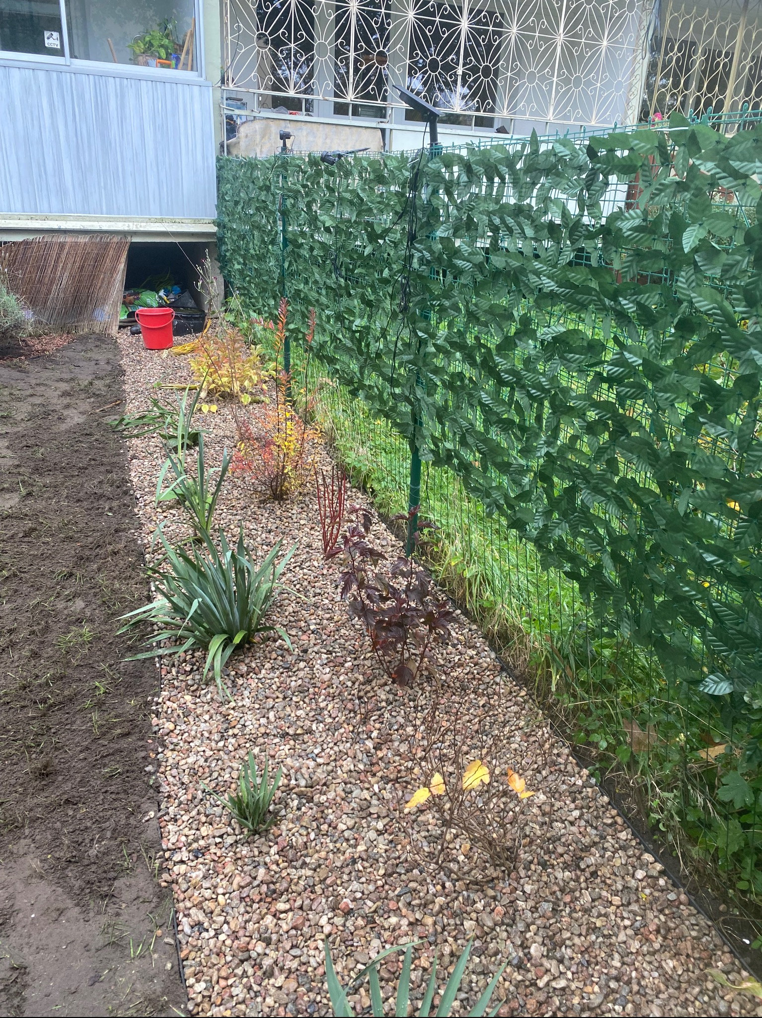 Rabata z kamyków i roślin ozdobnych, obok przygotowana ziemia pod nasadzenia. W tle siatka ogrodzeniowa z imitacją zielonych liści.