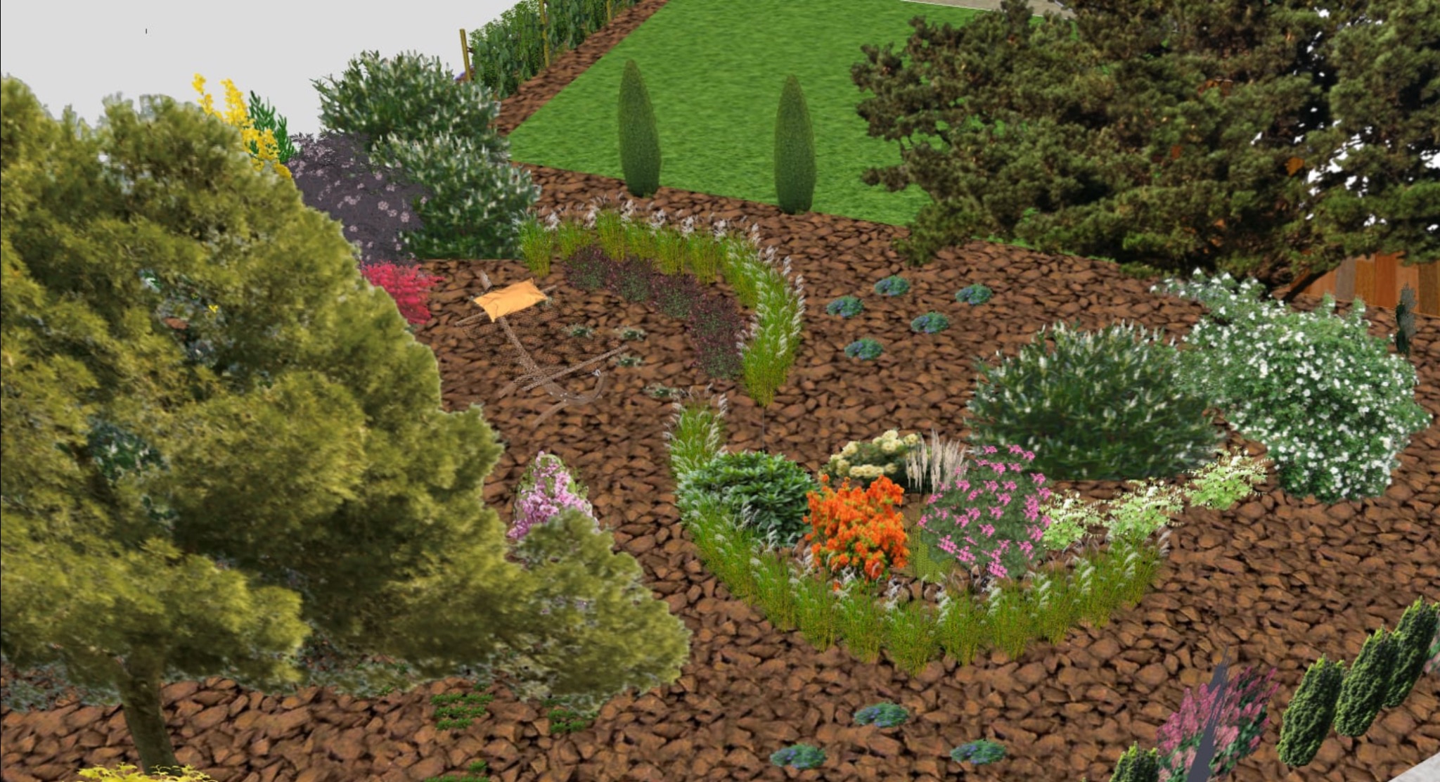 Wizualizacja ogrodu z krzewami, drzewami i rabatami kwiatowymi na brązowej korze. W tle trawnik i ogrodzenie. Widoczny element dekoracyjny - mały wózek.