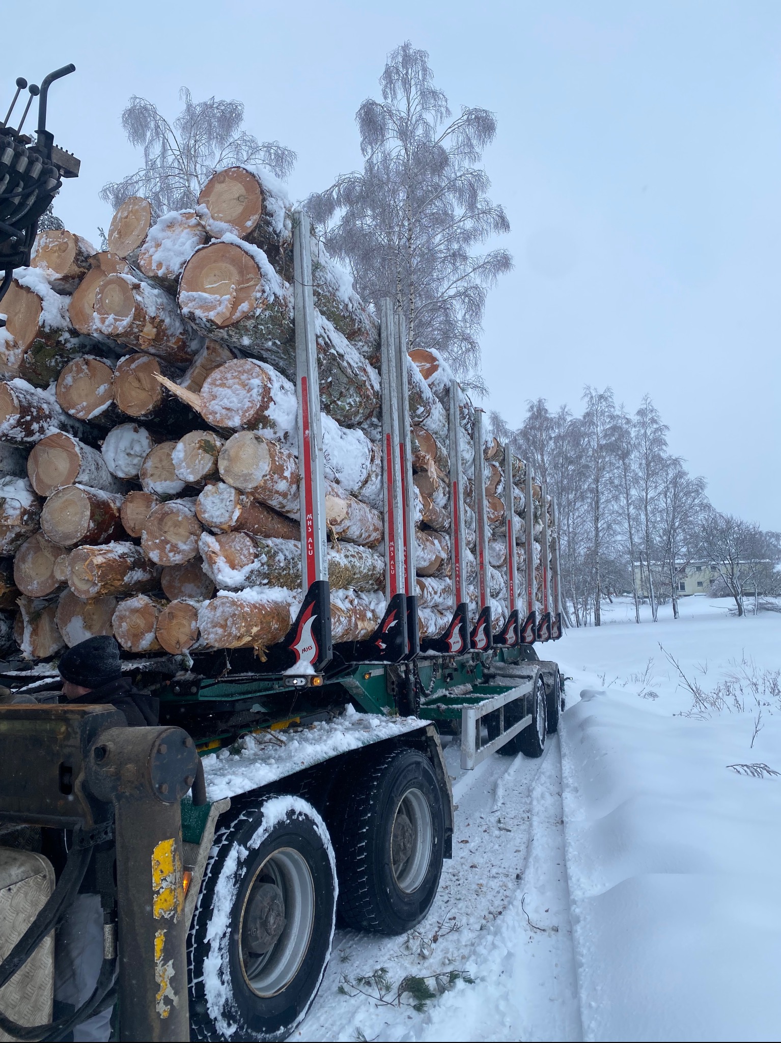 Ciężarówka z załadunkiem ściętych, ośnieżonych pni drzew na tle zimowego krajobrazu z drzewami. Widoczne koła pojazdu i fragment mechanizmu załadunkowego.