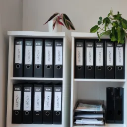 Półki z czarnymi segregatorami oznaczonymi 'B&K UMOWY', dekorowane roślinami doniczkowymi.