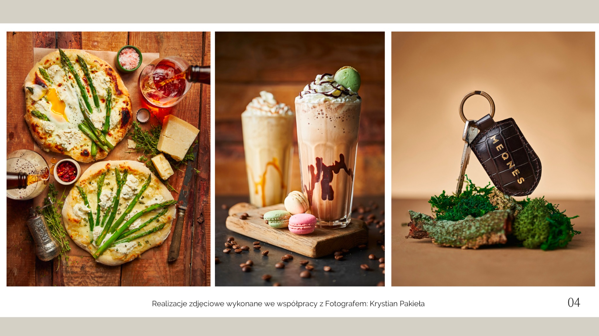 Kompozycja trzech zdjęć: pizza ze szparagami i jajkiem sadzonym, dwa wysokie desery lodowe z makaronikami, skórzany brelok do kluczy na mchu.