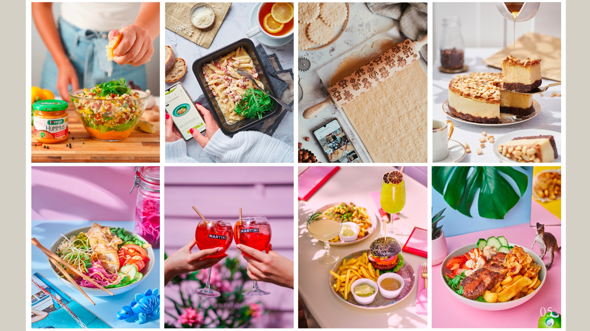 Kompozycja ośmiu zdjęć prezentujących różnorodne dania i napoje, od sałatek i makaronów po desery i drinki, z różnymi stylami prezentacji i oświetleniem.
