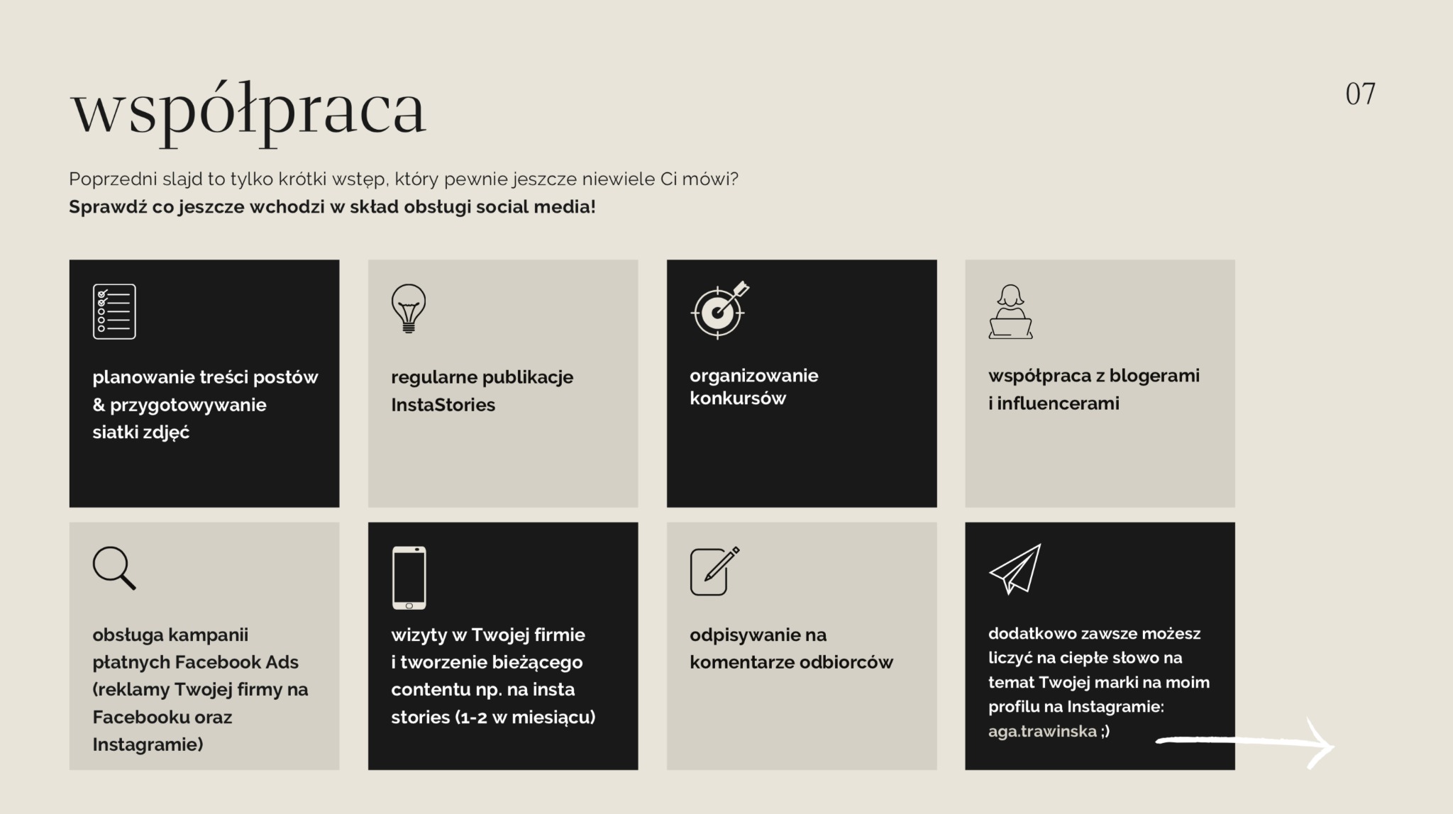 Slajd prezentujący zakres usług obsługi social media, w tym planowanie treści postów, publikacje InstaStories, organizowanie konkursów, współpraca z blogerami, obsługa kampanii Facebook Ads...